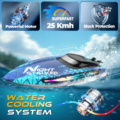 Fast Remote Control Boat For Kids And Grownups With 25kmh Speed in action with water cooling system and powerful motor features displayed.