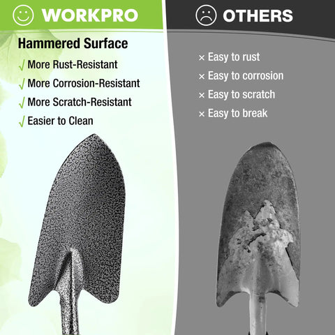 Comparison of new and used garden trowels showing workpro with rust-resistant surface and others with rust and corrosion issues.