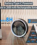 Ultra Quiet 5.3 Inch Desk Fan Portable USB Powered With 2000mAh Battery on desk next to laptop