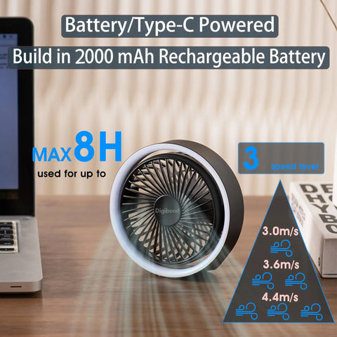 Ultra Quiet 5.3 Inch Desk Fan Portable USB Powered With 2000mAh Battery on desk next to laptop