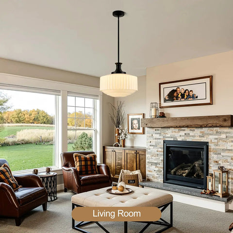 puncoll 13.8‘’ Vintage Milk Glass Pendant Light Kitchen Island hanging in a cozy living room above a plush ottoman.