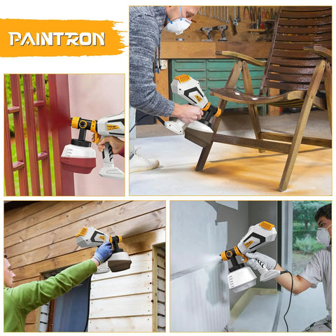 Heavy Duty 700W HVLP Electric Paint Sprayer Featuring A Roomy 1200ml Tank And Five Brass Nozzles With Three Adjustable Patterns used on a fence and furniture.