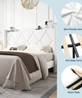 Queen Bed Frame With Plush Velvet Headboard And Built In Charging Station Featuring Dual AC Outlets And USB Port Plus Type C Hub, shown with skin-friendly velvet.