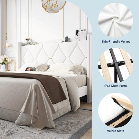 Queen Bed Frame With Plush Velvet Headboard And Built In Charging Station Featuring Dual AC Outlets And USB Port Plus Type C Hub, shown with skin-friendly velvet.