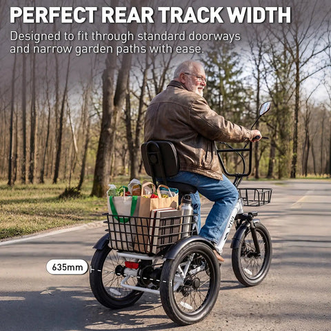 FatGo1 1000W Folding Electric Tricycle for Adults With Basket Fat Tire 3 Wheel Ebike 48V 648Wh Removable Battery Step Through Frame Pedal Assist Up to 55 Miles City Cruiser for Seniors, rear view with 635mm width