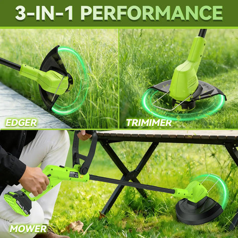 20V Cordless Weed Wacker With 12 Inch Cutting Path Ultra Lightweight 3.5 Pound Trimmer And Edger Beast Power 9500 RPM 180 Degree Pivot Head 3 In 1 String Trimmer And Lawn Edger Includes Two 2.0Ah Batteries And Auto Feed shown edging, trimming, and mowing