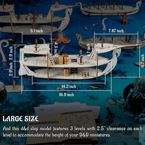 DND Ship Miniature With Three Level Wooden Naval Battle Terrain Map For Roleplay Campaigns Dragon Bow Figurehead And Six Cannons Immersive Ship Deck Layout; dimensions shown.
