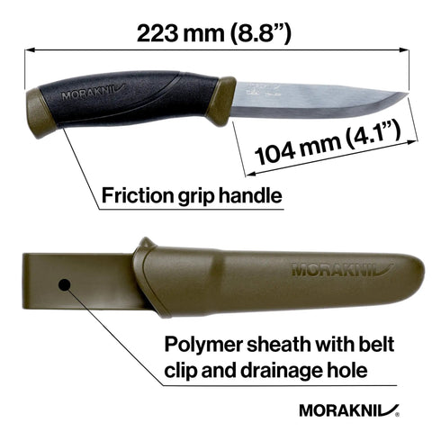 Companion Fixed Blade Outdoor Knife With Hardened Sandvik 12C27 Stainless Steel Blade 4.1 Inch Military Green with sheath and handle dimensions
