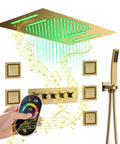 Slick 15 By 23 Inch Rectangular LED Shower Setup With Antique Brass Finish And Integrated Bluetooth Speakers showcasing showerhead, controls, and speaker panel.