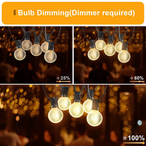 Outdoor String Lights 55 Ft Shatterproof LED Patio Lights With 26 Dimmable G40 Bulbs 2200K Waterproof IP65 showing dimming levels