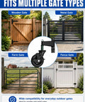 Hefty Black Fence Gate Rollers With Secure Locking Brake, 600 Pound Rock Solid Anti Sag Setup For Metal Tubes And Wood Gates, Silent Dual Ball Bearing Smooth Operator Glide shown with various gate types.
