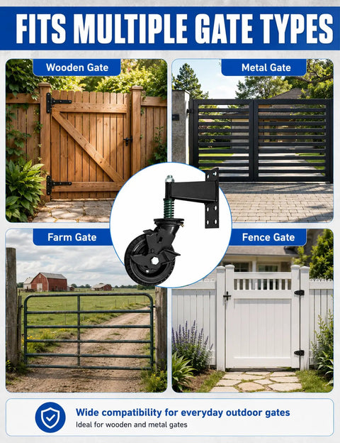 Hefty Black Fence Gate Rollers With Secure Locking Brake, 600 Pound Rock Solid Anti Sag Setup For Metal Tubes And Wood Gates, Silent Dual Ball Bearing Smooth Operator Glide shown with various gate types.