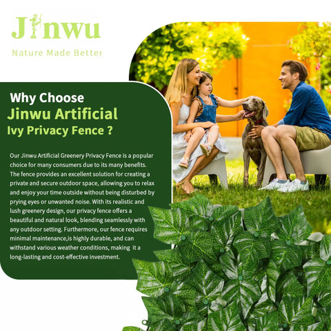 Family enjoying outdoor space behind a Jinwu artificial ivy privacy fence with sweet potato leaf color print, providing lush greenery.