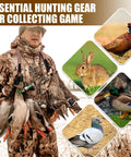 Hunter with Waterfowl Tote With 12 Drops Slip Ring And Paracord, carrying ducks, surrounded by game animal images
