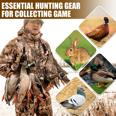 Hunter with Waterfowl Tote With 12 Drops Slip Ring And Paracord, carrying ducks, surrounded by game animal images