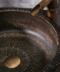 Premium Ceramic Vessel Sink, Slick Countertop Basin With Faucet And Drain Combo, close-up of textured black porcelain interior.