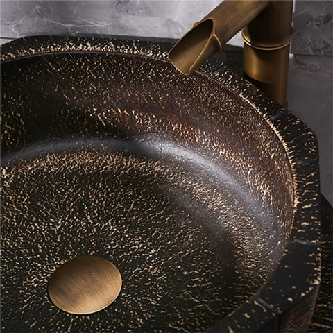 Premium Ceramic Vessel Sink, Slick Countertop Basin With Faucet And Drain Combo, close-up of textured black porcelain interior.