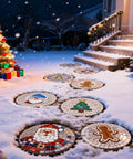 Christmas-themed garden path with decorated stepping stones using Six Piece Round DIY Concrete Stepping Stone Molds Set In Three Sizes