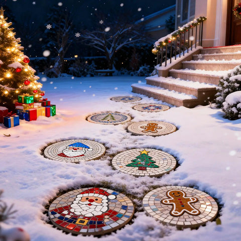 Christmas-themed garden path with decorated stepping stones using Six Piece Round DIY Concrete Stepping Stone Molds Set In Three Sizes