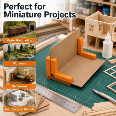 Magnetic Right Angle Clamps For Miniatures And Dioramas, Pro Grade Tool For 90 Degree Corners In Model Railroading And Architectural Modeling, Built For Hobbyists Who Demand Realistic, Flawless Corners. Magnetic clamp holding cardboard wall at 90 degrees on a cutting mat.