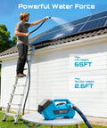 Man using Go Anywhere Cordless Water And Diesel Transfer Pump on roof showing lift height feature