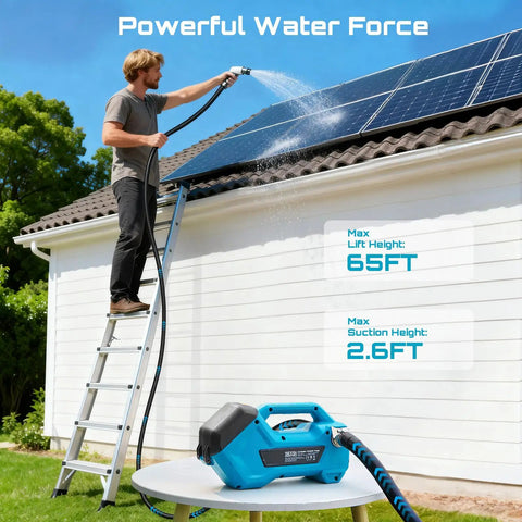Man using Go Anywhere Cordless Water And Diesel Transfer Pump on roof showing lift height feature