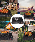 8500 BTU Portable Butane Stove With Auto Ignition For Camping used outdoors at various locations with meals and group gatherings.