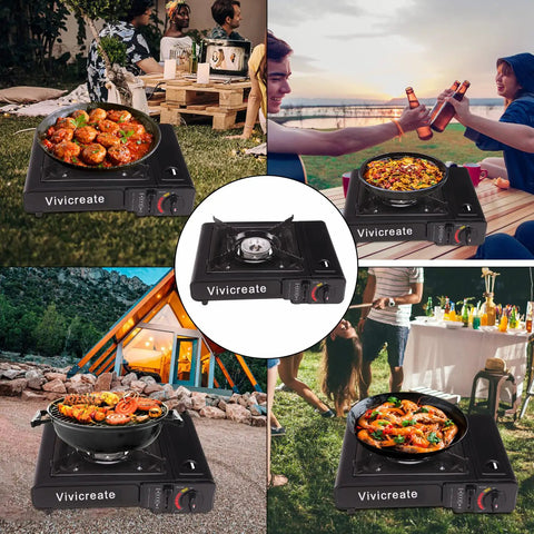 8500 BTU Portable Butane Stove With Auto Ignition For Camping used outdoors at various locations with meals and group gatherings.