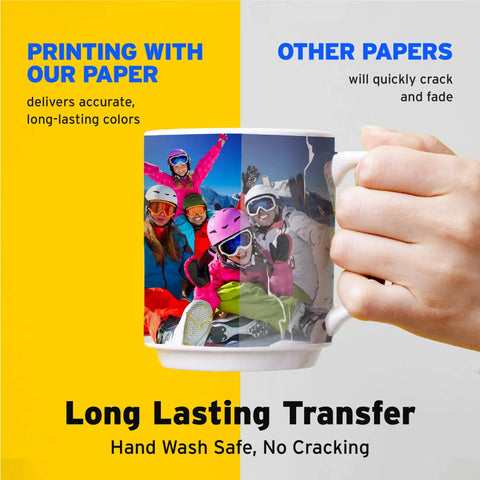 Hand holding personalized mug with photo using White Inkjet Water Slide Paper For DIY Transfers, 20 A4 Sheets, Premium Water Slide Transfer Paper For Tumblers Mugs Glasses, Printable Decals With High Definition Printing Up To 5760 DPI.