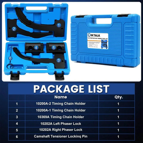 3.6L Pentastar Timing Tool Kit for Chrysler, Dodge, Jeep, and Ram in blue case showing tools and package list.