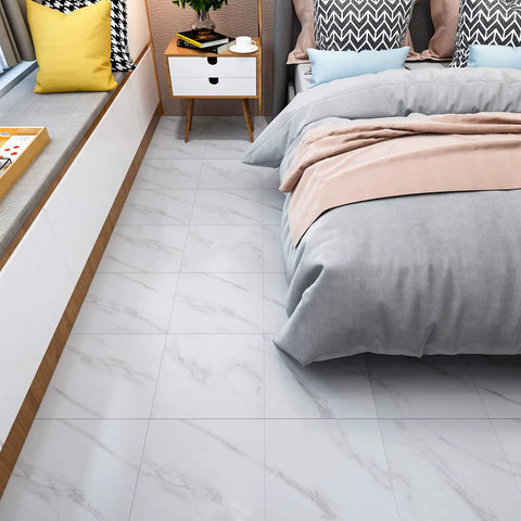 Bedroom with 12x12 Inch Vinyl Floor Tiles Peel And Stick White Marble Waterproof Self Adhesive Sticker Tiles for a modern look