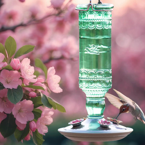 Glass Bottle Hummingbird Feeder With Antique Green Finish, Four Flower Ports And Perches, 10 Fl Oz Nectar Capacity, Durable Brushed Nickel Base