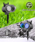 2 In 1 Outdoor Holiday Projector Light with 16 All Seasons Slides and 10 Color Waves, showing waterproof and temperature resistant features.