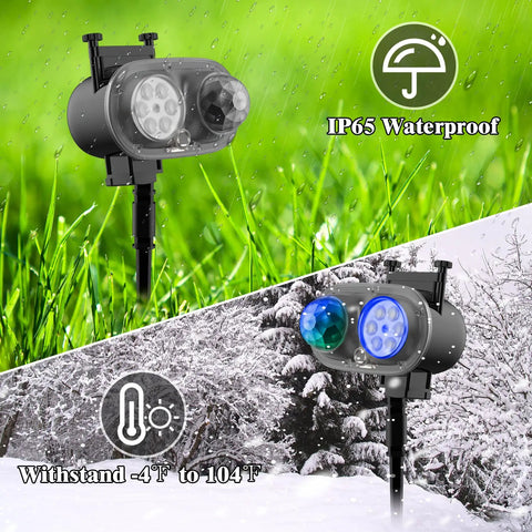 2 In 1 Outdoor Holiday Projector Light with 16 All Seasons Slides and 10 Color Waves, showing waterproof and temperature resistant features.