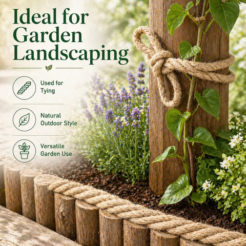 Eco-friendly jute rope tied around garden post, showcasing Dope Natural Jute Rope 8mm Thick Hemp Twine 165ft Eco Friendly All Weather Durable For DIY Crafts Cat Scratcher Posts Gardening And Home Decor Indoor Outdoor Use Safe For Pets And Kids Great For DIY Projects And Gift Giving in use.