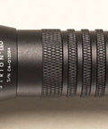 Strion LED Flashlight With AC And 12V DC Charger And 2 Holder, machined aluminum body, side view