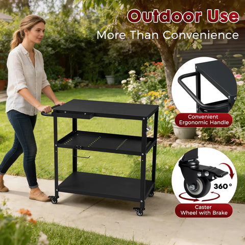 Grill Cart Table That Rolls On Wheels For Indoor And Outdoor Use With 4 Lockable Casters Side Handle Hooks Spice Caddy And Paper Towel Holder Multifunctional Pizza Oven Stand For Patio Kitchen