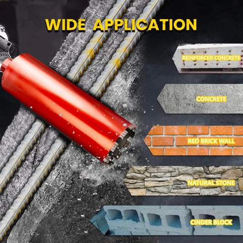 2 Inch Diamond Drill Core Bits For Concrete Masonry Brick And Stone Wet Laser Welded Core Bit With 14 Inch Drilling Depth Arbor Up To Seven Inches Ideal For Construction And DIY Home Renovation with labeled drill applications