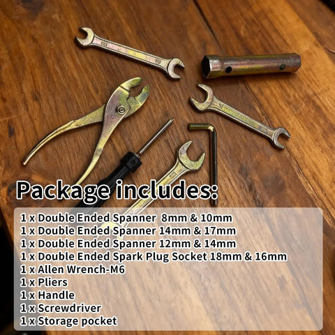 Compact Motorcycle Repair Tool Kit 8 Piece Portable Set with wrenches, pliers, screwdriver, and case on wooden surface