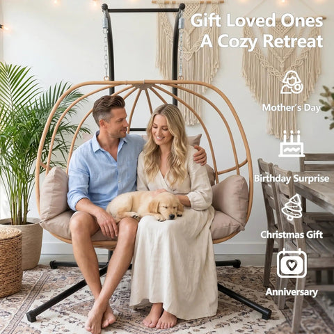 Double Egg Chair Outdoor With Stand For Two People Cushions And Headrest 80 Inch Hanging Swing Chair Basket In Brown with couple and dog