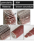 Close-up of 40 Pcs 80 Grit Abrasive Flap Wheel Sander with 3mm Shank Cone Shape for rotary tools, showing brown corundum material.