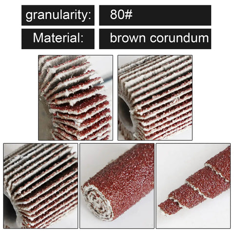 Close-up of 40 Pcs 80 Grit Abrasive Flap Wheel Sander with 3mm Shank Cone Shape for rotary tools, showing brown corundum material.