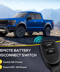Remote Battery Disconnect Switch Kit 12V 250A shown with blue truck and close-up of remote control