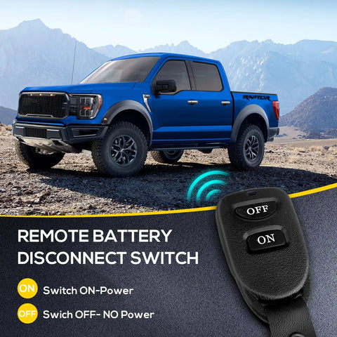 Remote Battery Disconnect Switch Kit 12V 250A shown with blue truck and close-up of remote control