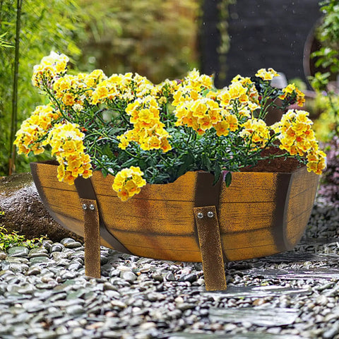 Two Pack Rustic Barrel Planters With Legged Design For Outdoor Garden Backyard Metal Half Barrel Flower Pot Planter Box Brown 15.43 Inch Long Each With Ample Planting Space Durable Anti Rust Coated Iron