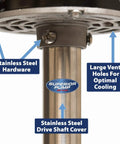 Close-up of Beefy Heavy Duty Half HP Cast Iron Pedestal Sump Pump With 3600 GPH Flow Auto Switch, highlighting stainless steel parts.
