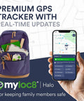 No Stress Gps Locator And 4G Tracker For Keys Wallet Luggage And Little Ones Featuring Live Position Updates Splash Proof Housing And Pre Installed Sim Card To Keep Tabs On Your Valuables, shown with a purple backpack and mobile app interface.