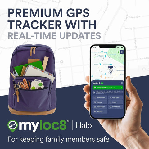 No Stress Gps Locator And 4G Tracker For Keys Wallet Luggage And Little Ones Featuring Live Position Updates Splash Proof Housing And Pre Installed Sim Card To Keep Tabs On Your Valuables, shown with a purple backpack and mobile app interface.
