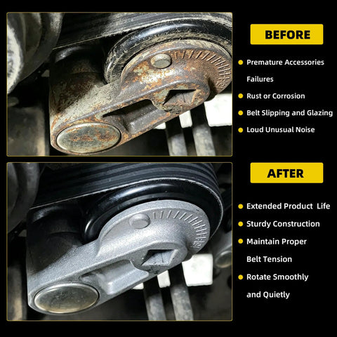 Comparison of an old rusty part and new AC Belt Tensioner Kit For Chevy Tahoe GMC Yukon Cadillac Escalade And Avalanche 2000 2008