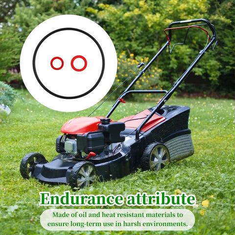 Lawnmower on grass with Three Piece Black Carburetor Float Bowl Gasket Kit With Replacement Washers For Engines GX120 GX160 GX200 GXV120 GXV140 GXV160 Durable Rubber And Paper Pad Seal Set For Tight Leaks And Long Service Life displayed.
